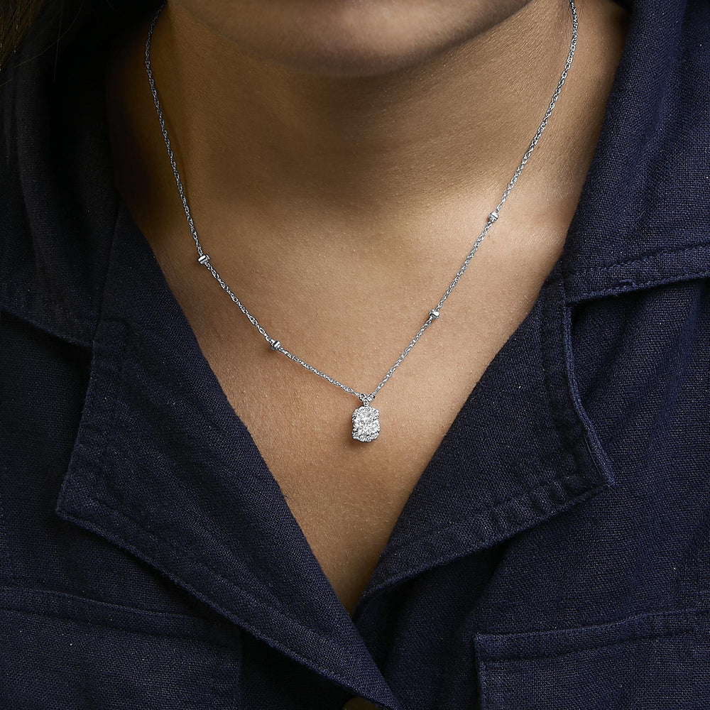 Sterling Silver 1.00 Cttw Lab Grown Diamond Oval Halo Pendant Bezel Station Necklace
