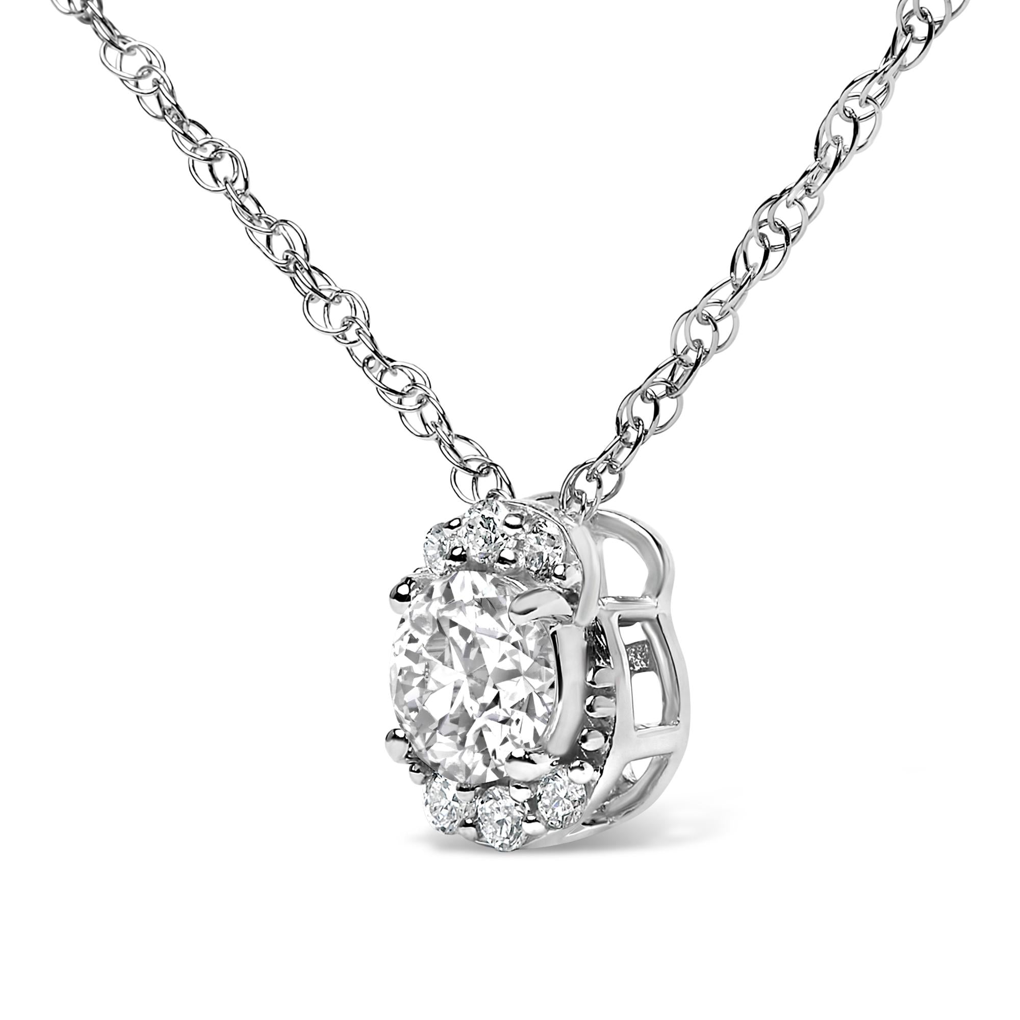 Sterling Silver 1/2 Cttw Lab Grown Diamond Oval Halo Pendant Necklace