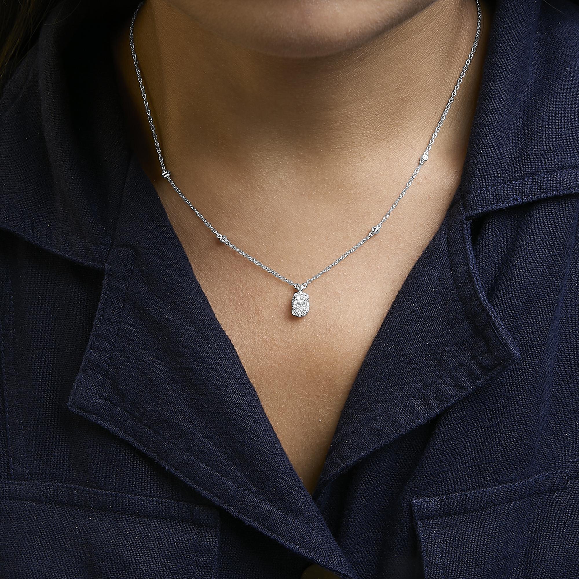 Sterling Silver 5/8 Cttw Lab Grown Diamond Oval Halo Pendant Necklace