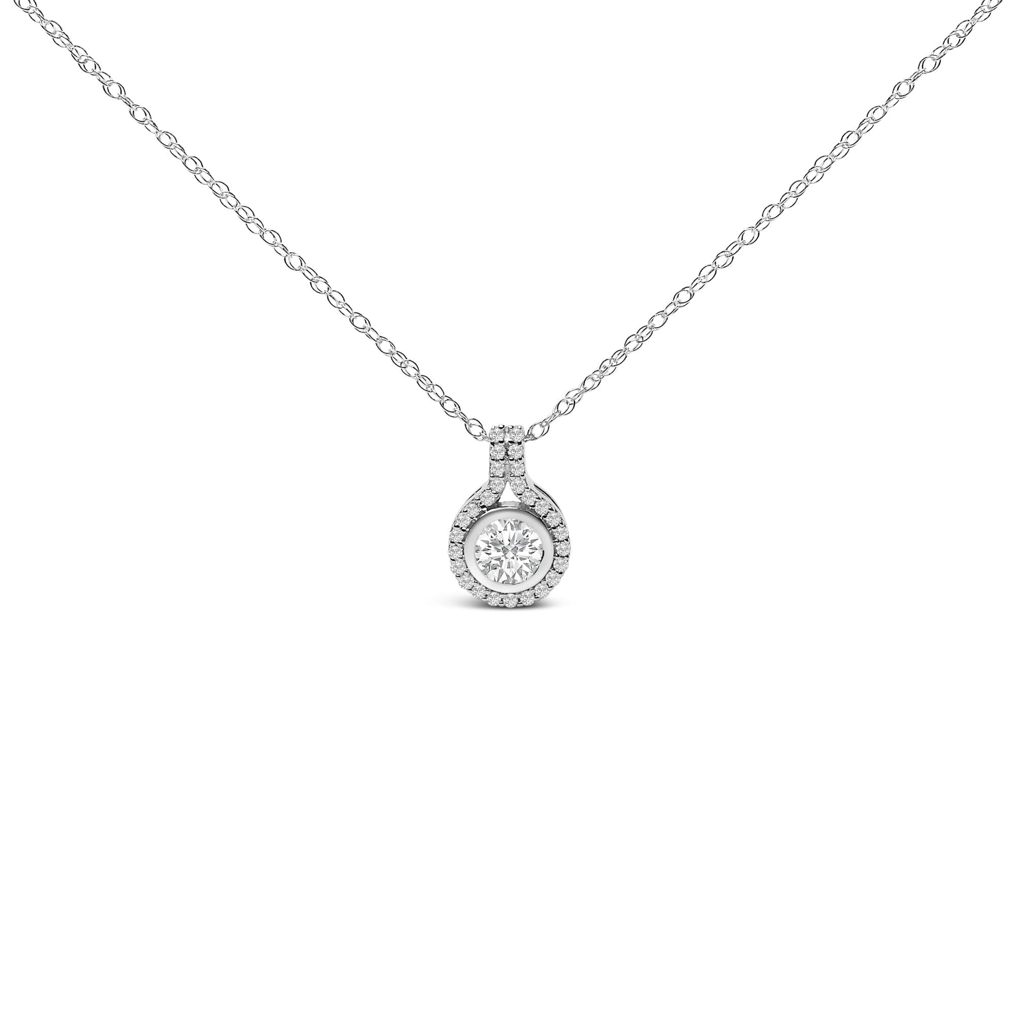 Sterling Silver 3/4 Cttw Lab Grown Diamond Halo Pendant Necklace