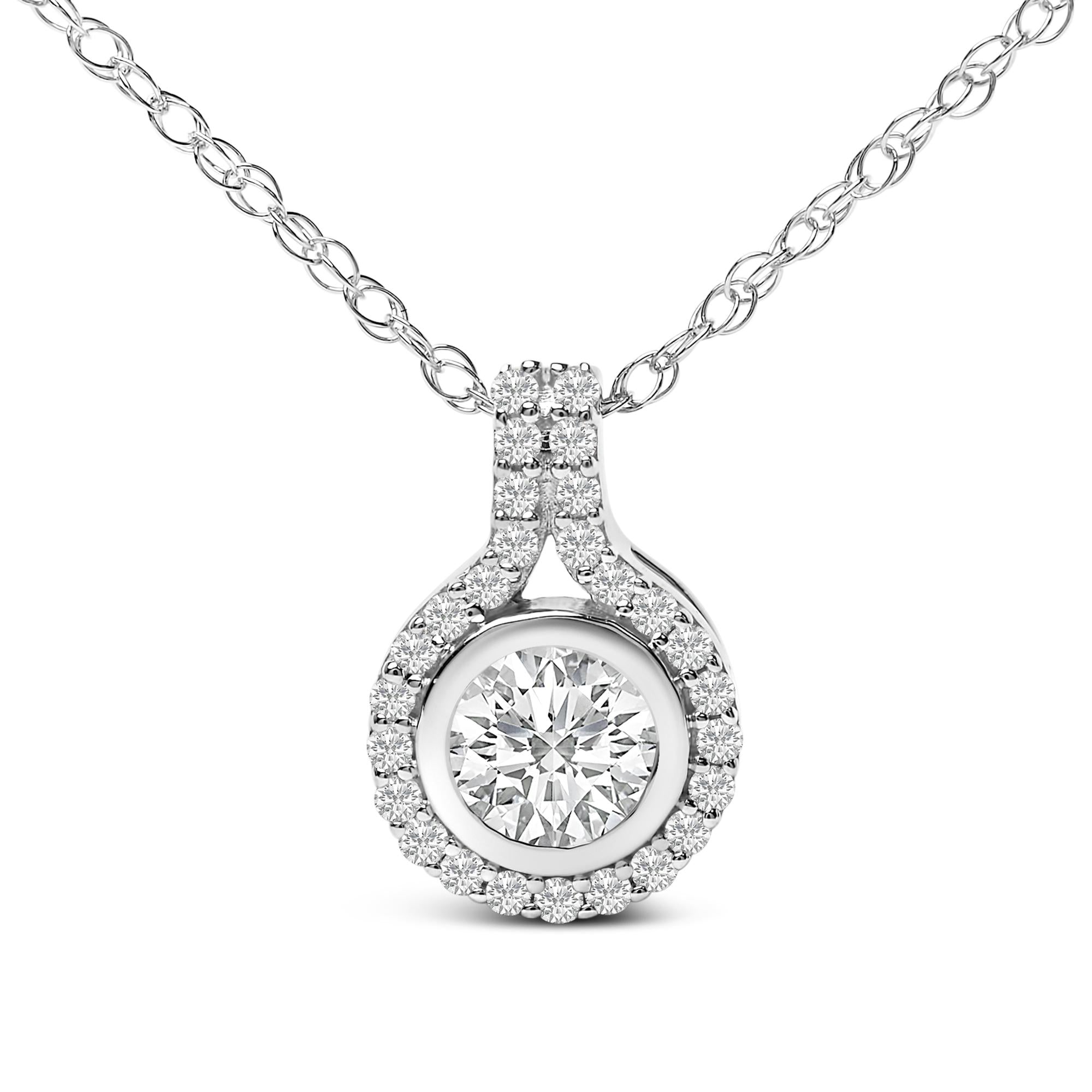 Sterling Silver 3/4 Cttw Lab Grown Diamond Halo Pendant Necklace