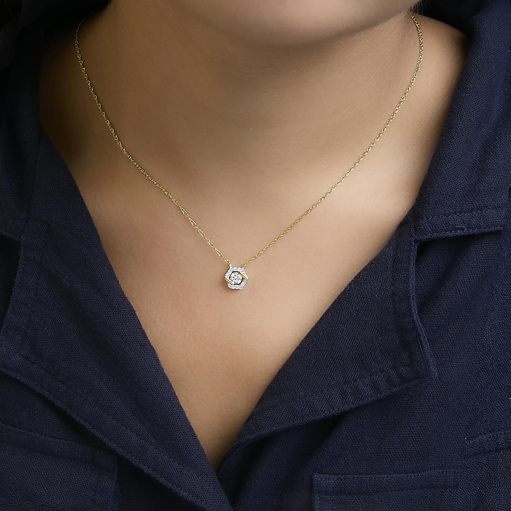 14K Yellow Gold Plated Sterling Silver 3/8 Cttw Lab Grown Diamond Hex Halo Pendant Necklace
