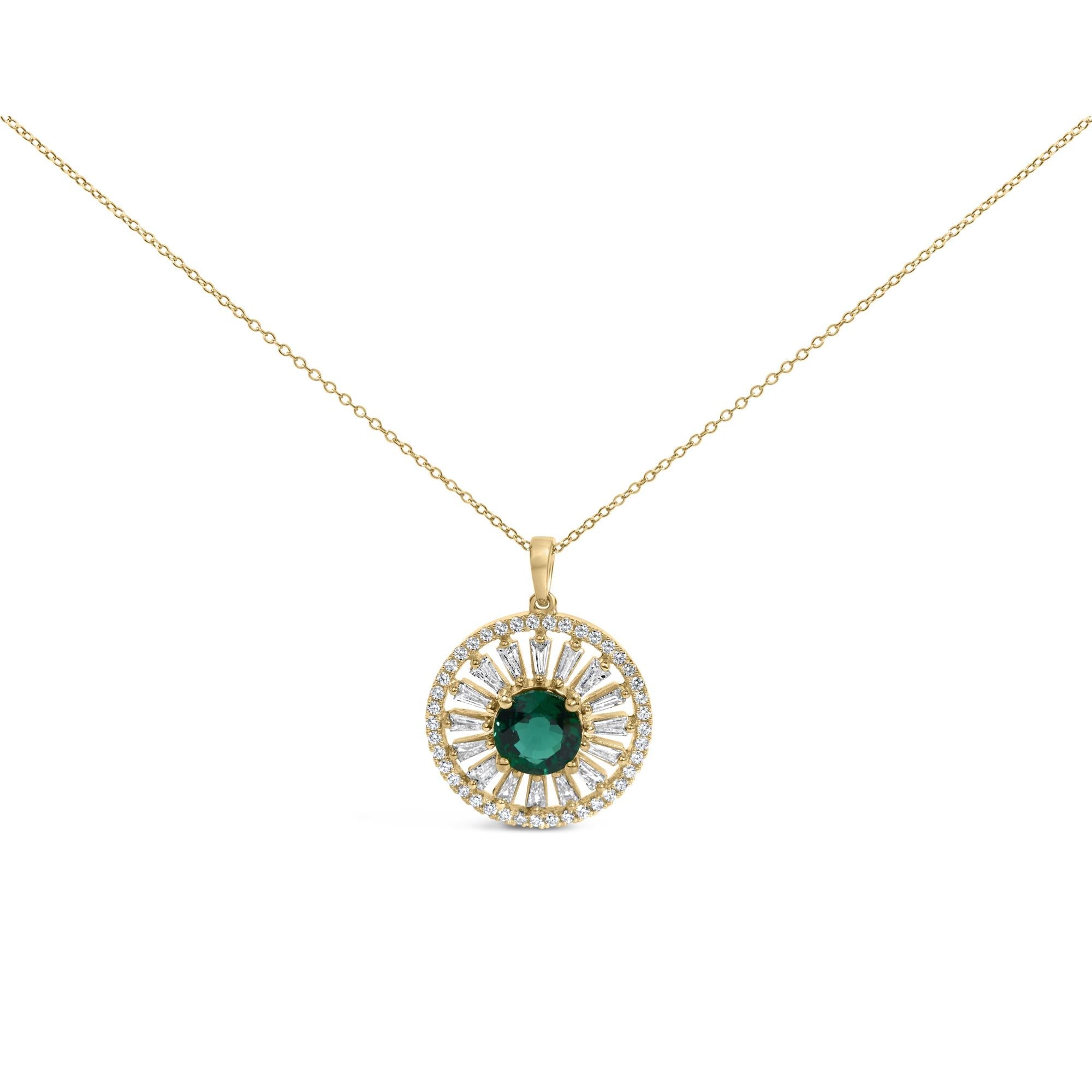 14K Yellow Gold Plated Sterling Silver 8mm Lab Created Emerald Sunburst Medallion Pendant Necklace