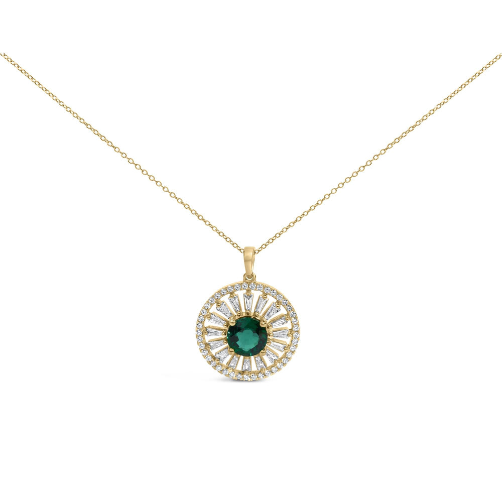 14K Yellow Gold Plated Sterling Silver 8mm Lab Created Emerald Sunburst Medallion Pendant Necklace