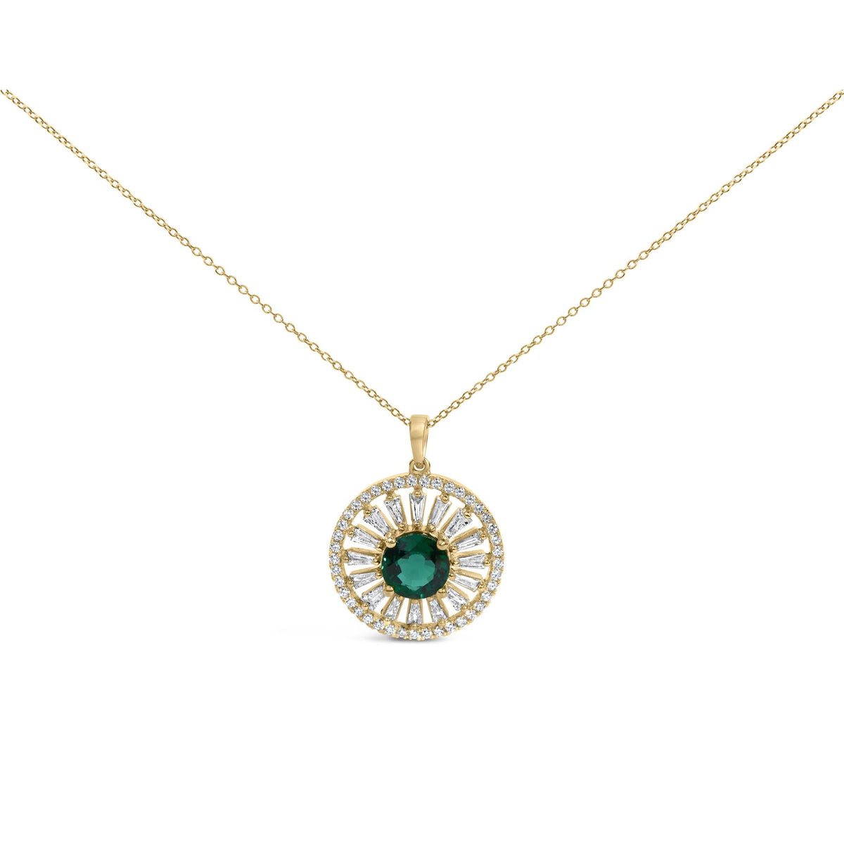 14K Yellow Gold Plated Sterling Silver 8mm Lab Created Emerald Sunburst Medallion Pendant Necklace