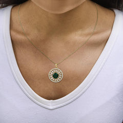 14K Yellow Gold Plated Sterling Silver 8mm Lab Created Emerald Sunburst Medallion Pendant Necklace
