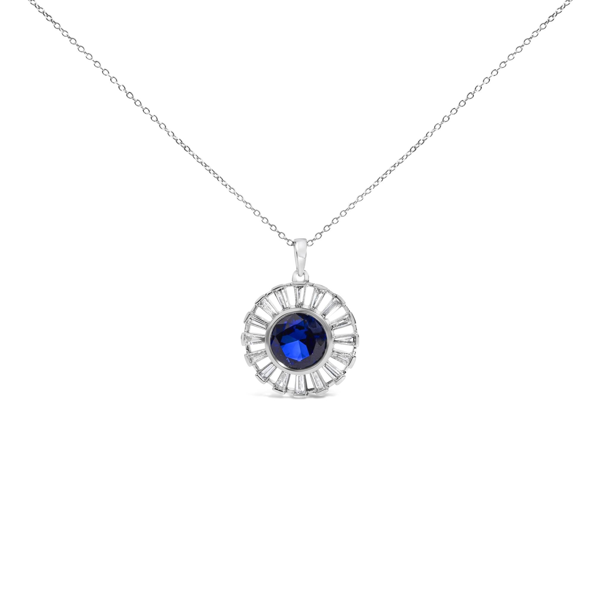 Sterling Silver Created Blue Sapphire and Diamond Medallion Pendant Necklace