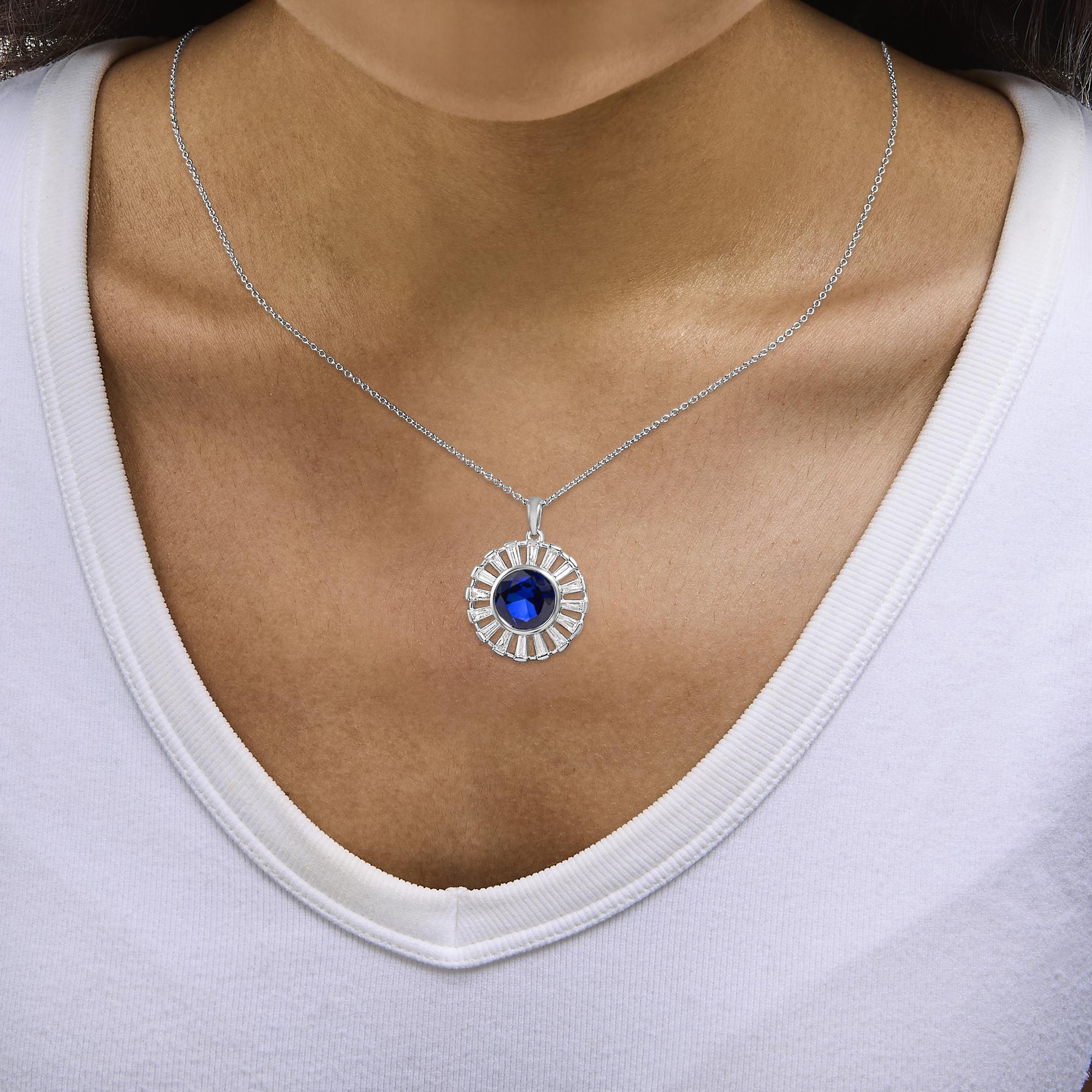 Sterling Silver Created Blue Sapphire and Diamond Medallion Pendant Necklace