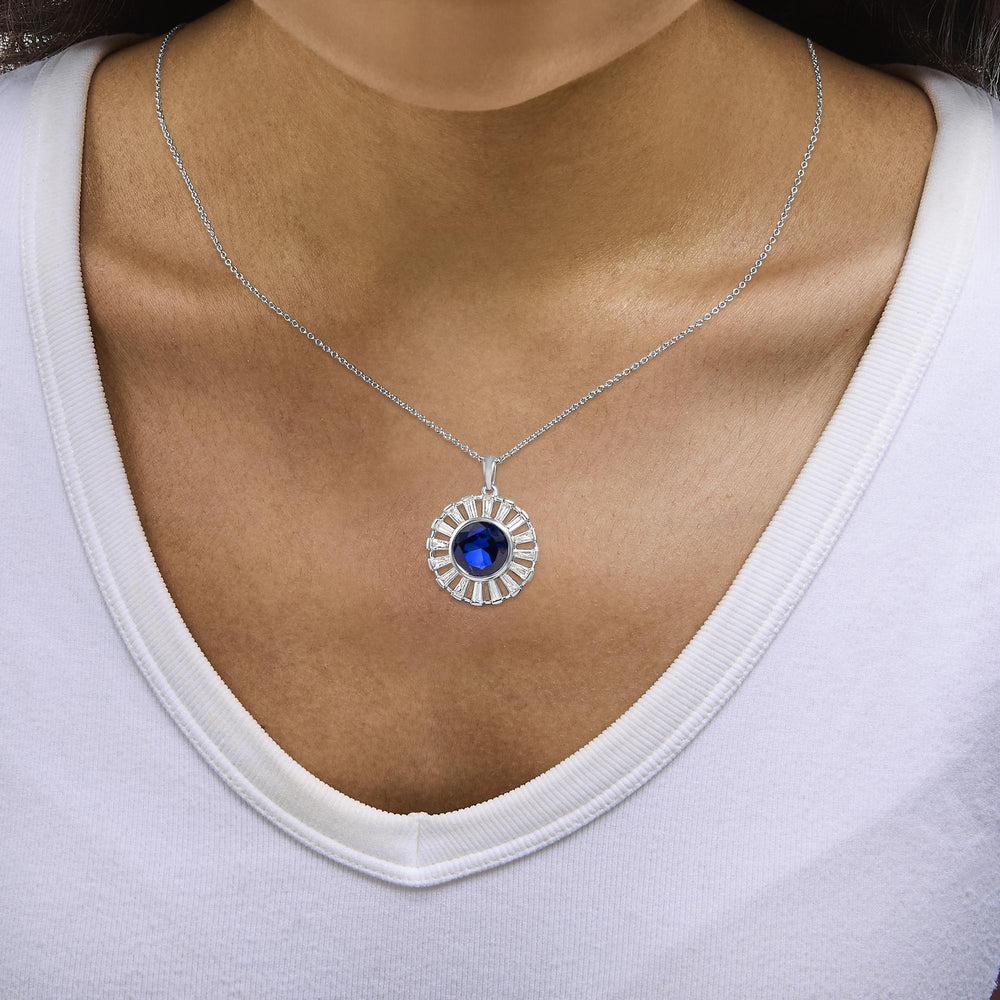 Sterling Silver Created Blue Sapphire and Diamond Medallion Pendant Necklace