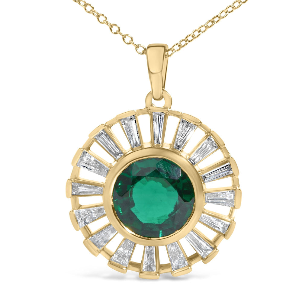 14K Yellow Gold Plated Sterling Silver Lab Created Emerald and Baguette Diamond Sunburst Medallion Pendant Necklace