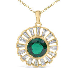 14K Yellow Gold Plated Sterling Silver Lab Created Emerald and Baguette Diamond Sunburst Medallion Pendant Necklace