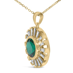 14K Yellow Gold Plated Sterling Silver Lab Created Emerald and Baguette Diamond Sunburst Medallion Pendant Necklace