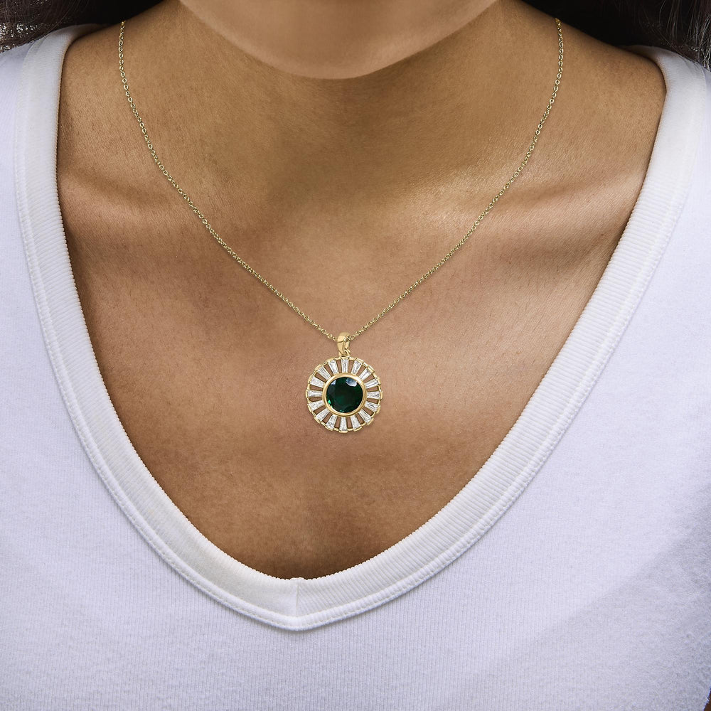 14K Yellow Gold Plated Sterling Silver Lab Created Emerald and Baguette Diamond Sunburst Medallion Pendant Necklace