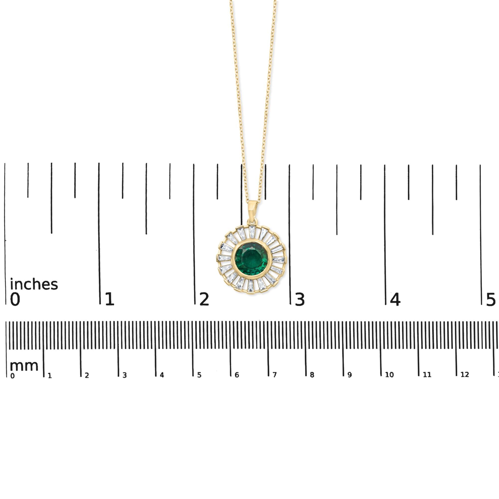 14K Yellow Gold Plated Sterling Silver Lab Created Emerald and Baguette Diamond Sunburst Medallion Pendant Necklace