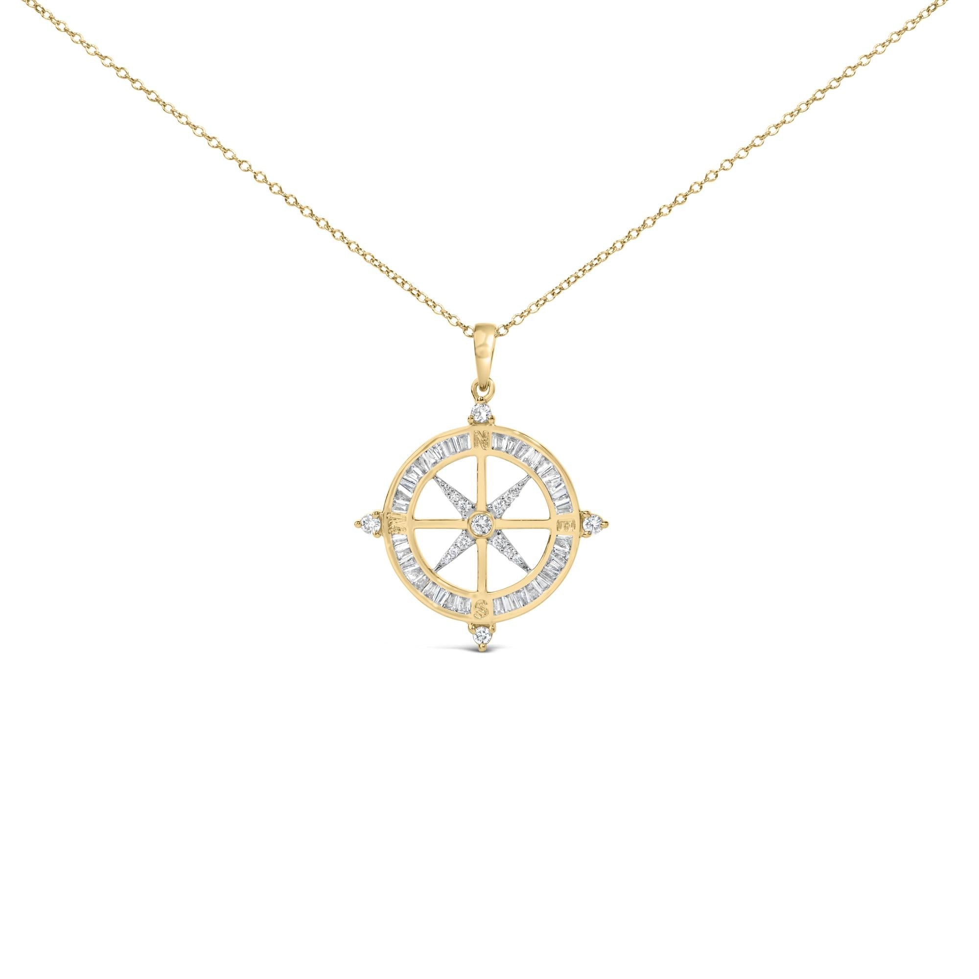 14K Yellow Gold Plated Sterling Silver 3/4 Cttw Diamond Compass Medallion Pendant Necklace