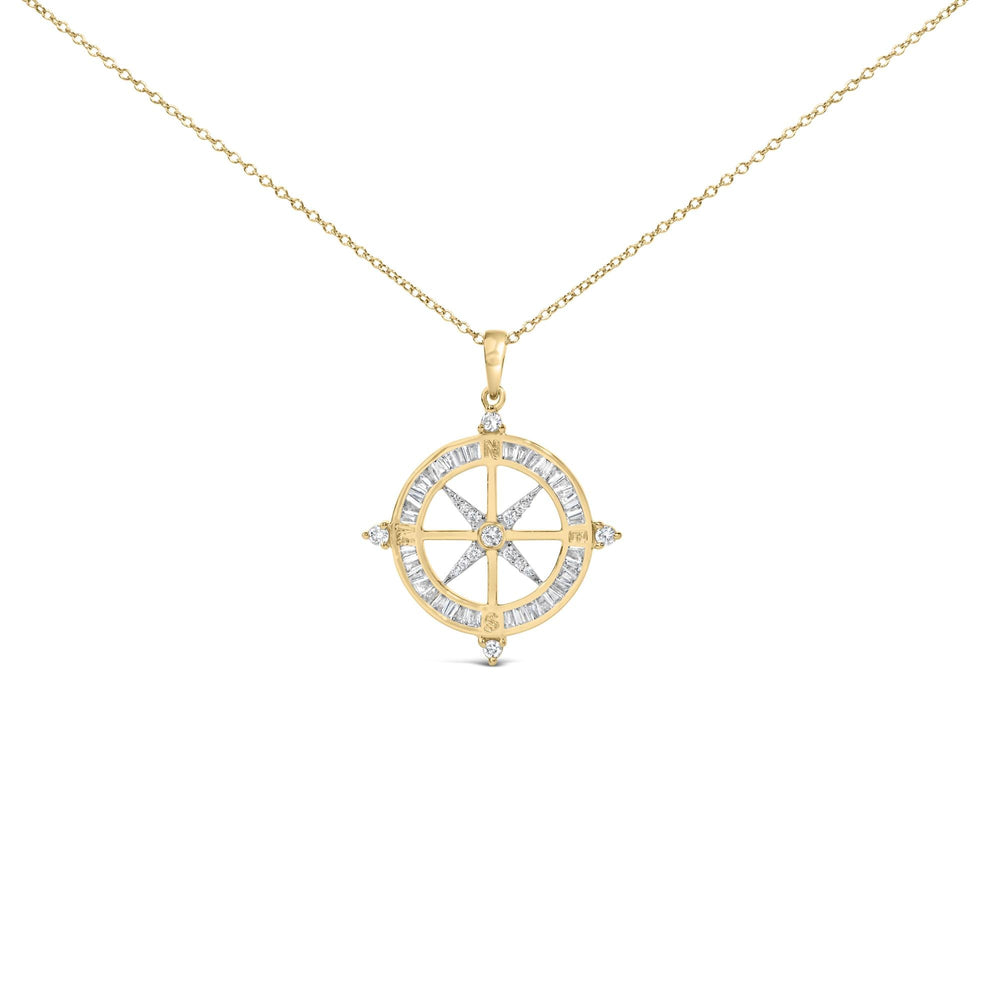 14K Yellow Gold Plated Sterling Silver 3/4 Cttw Diamond Compass Medallion Pendant Necklace