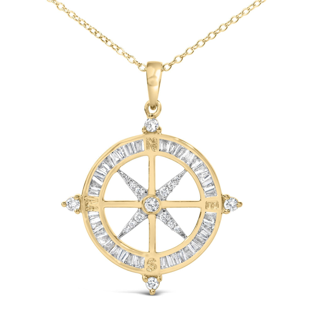 14K Yellow Gold Plated Sterling Silver 3/4 Cttw Diamond Compass Medallion Pendant Necklace