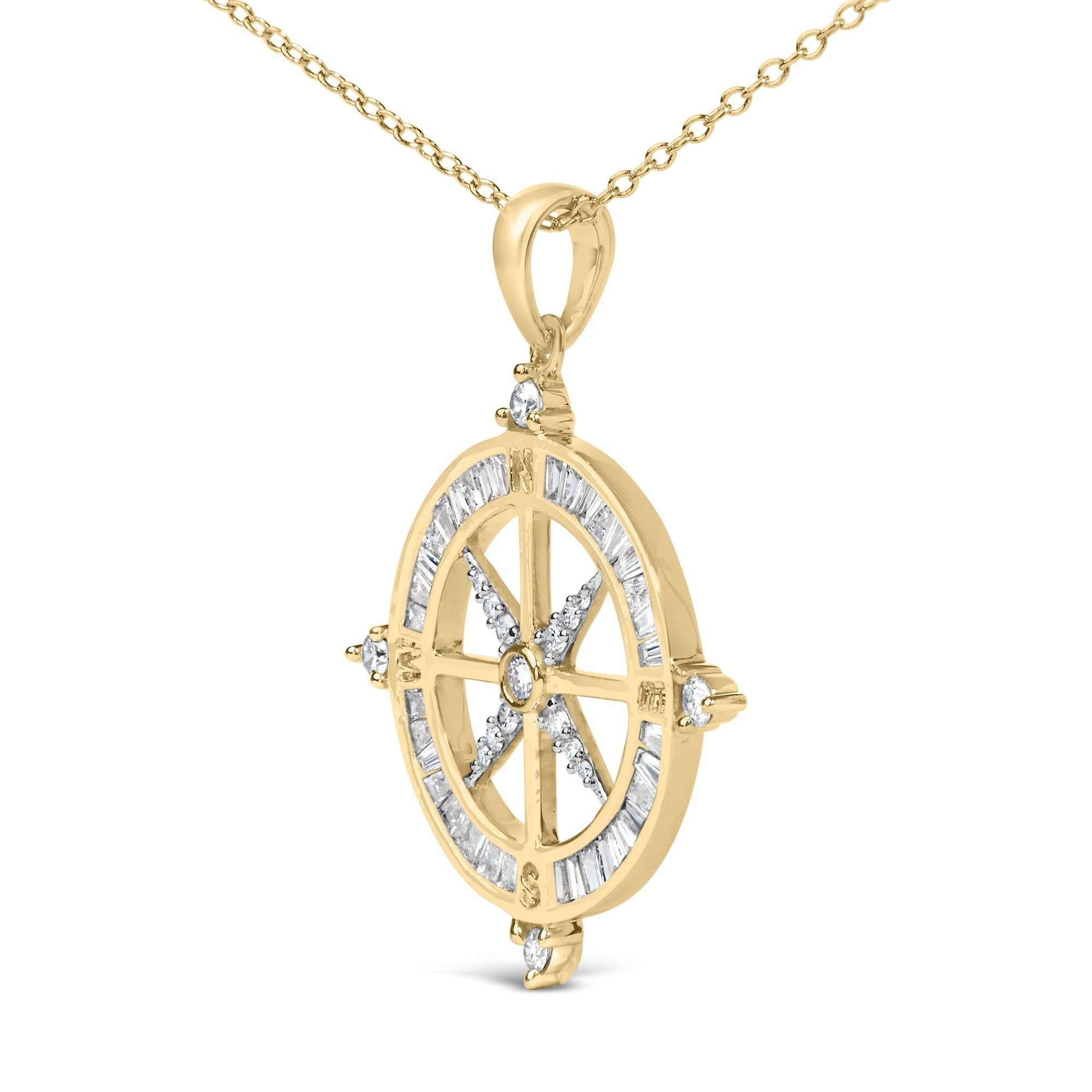 14K Yellow Gold Plated Sterling Silver 3/4 Cttw Diamond Compass Medallion Pendant Necklace