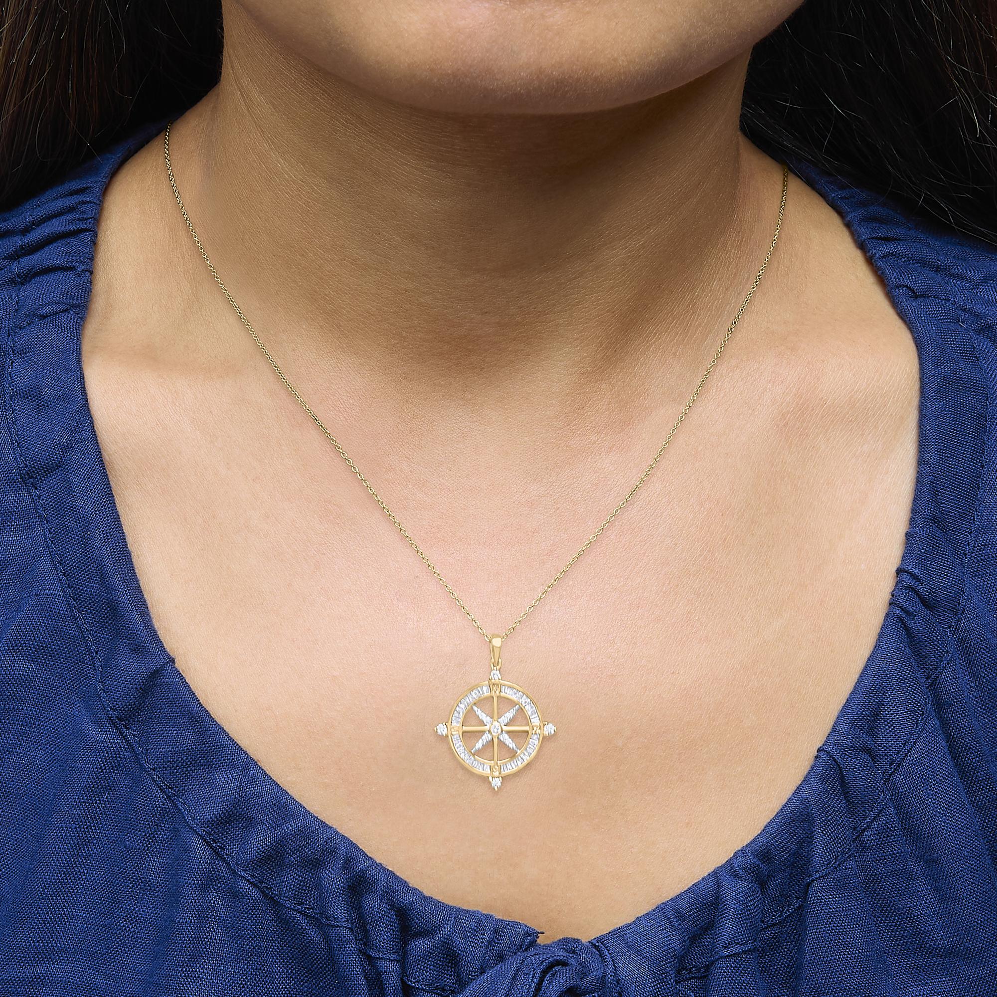 14K Yellow Gold Plated Sterling Silver 3/4 Cttw Diamond Compass Medallion Pendant Necklace