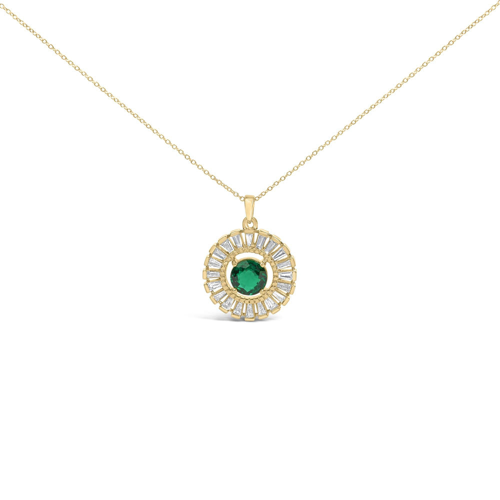 14K Yellow Gold Plated Silver Created Emerald and Diamond Sunburst Medallion Pendant Necklace