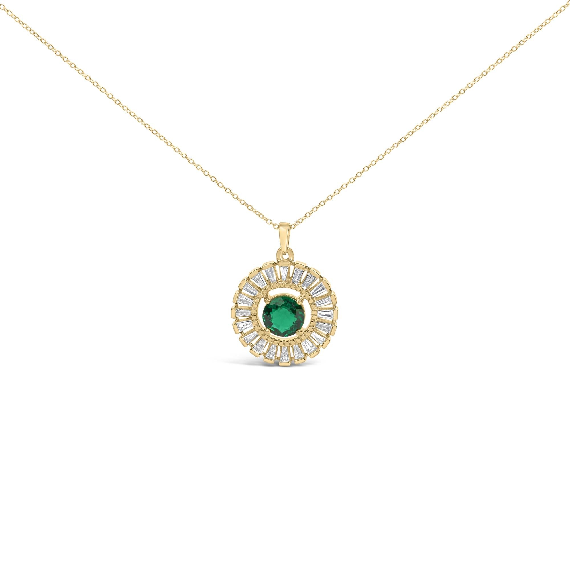 14K Yellow Gold Plated Silver Created Emerald and Diamond Sunburst Medallion Pendant Necklace