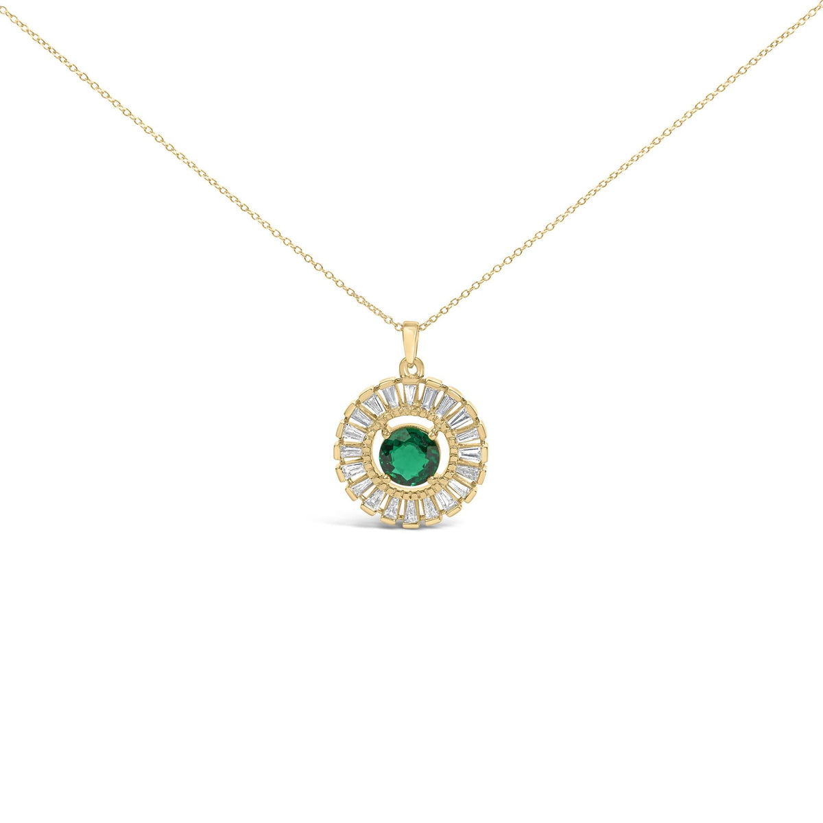 14K Yellow Gold Plated Silver Created Emerald and Diamond Sunburst Medallion Pendant Necklace