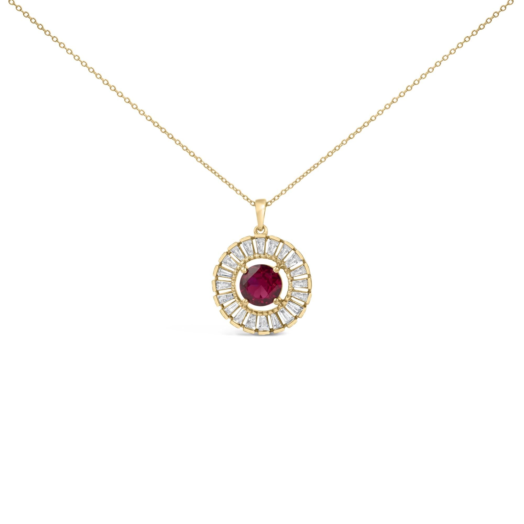 14K Yellow Gold Plated Sterling Silver Created Red Ruby and Diamond Medallion Pendant Necklace