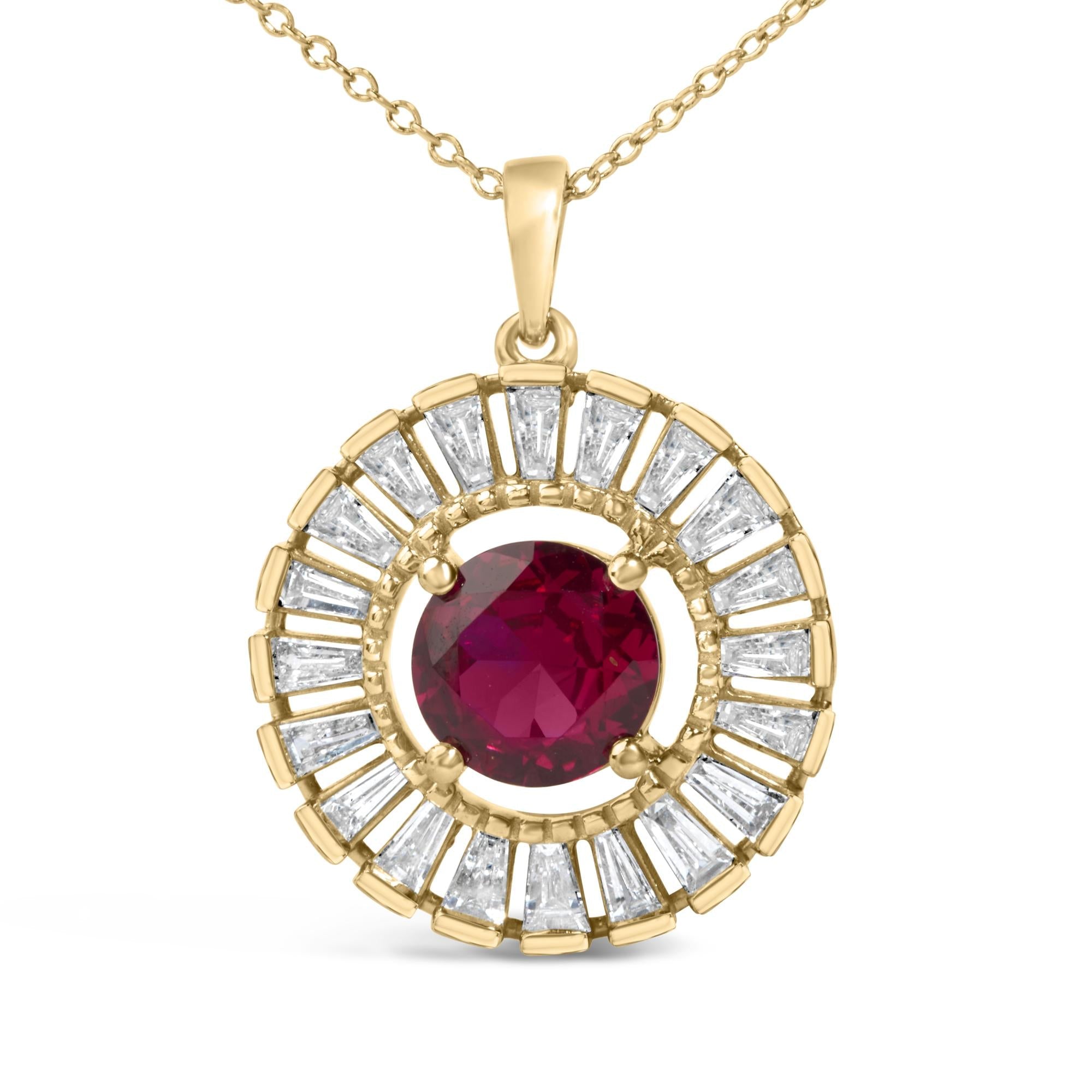 14K Yellow Gold Plated Sterling Silver Created Red Ruby and Diamond Medallion Pendant Necklace