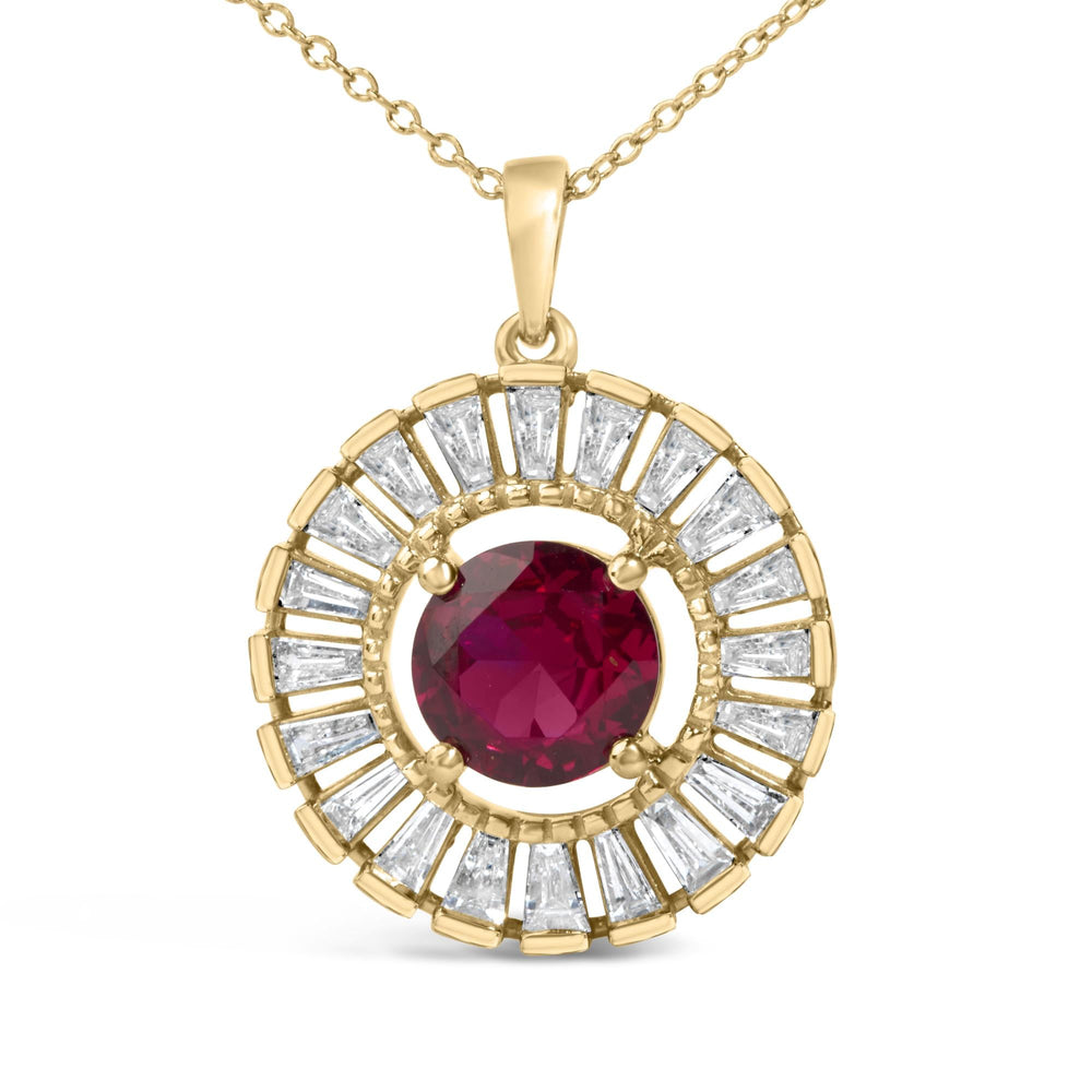 14K Yellow Gold Plated Sterling Silver Created Red Ruby and Diamond Medallion Pendant Necklace