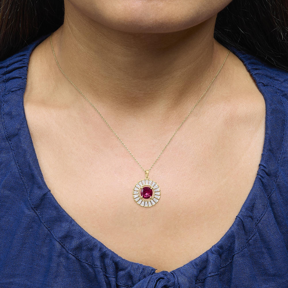 14K Yellow Gold Plated Sterling Silver Created Red Ruby and Diamond Medallion Pendant Necklace