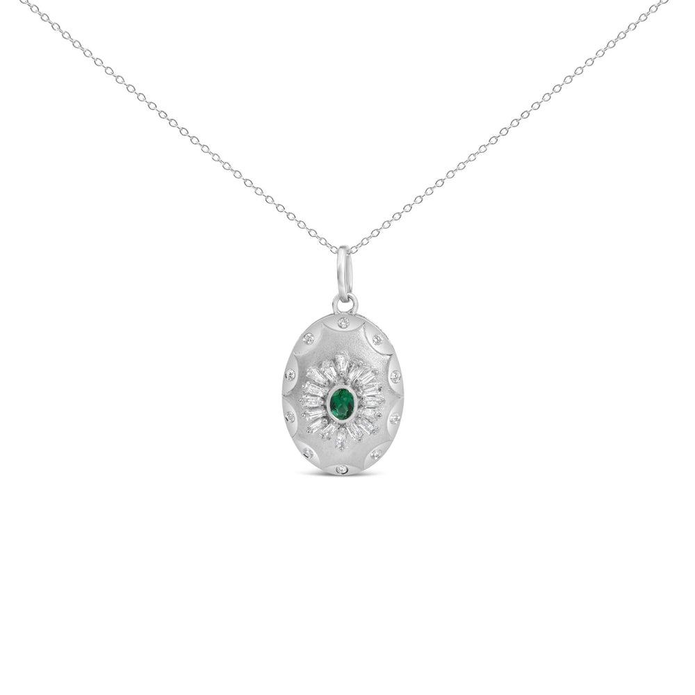 Sterling Silver Created Emerald and 1/2 Cttw Diamond Sunburst Medallion Pendant Necklace