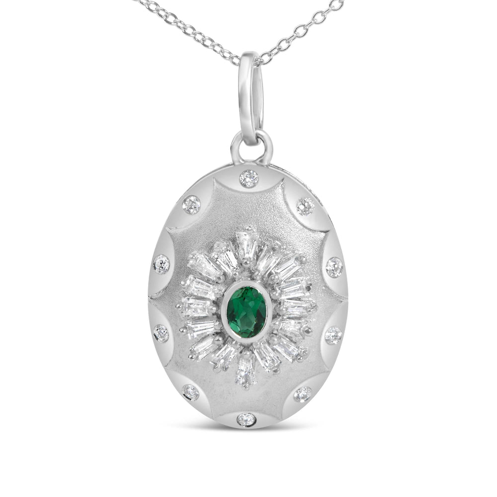 Sterling Silver Created Emerald and 1/2 Cttw Diamond Sunburst Medallion Pendant Necklace