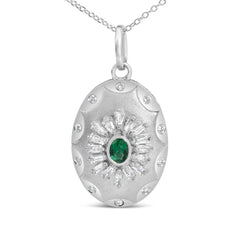 Sterling Silver Created Emerald and 1/2 Cttw Diamond Sunburst Medallion Pendant Necklace