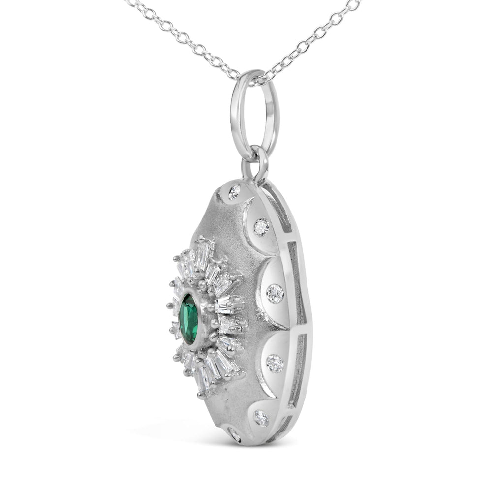 Sterling Silver Created Emerald and 1/2 Cttw Diamond Sunburst Medallion Pendant Necklace
