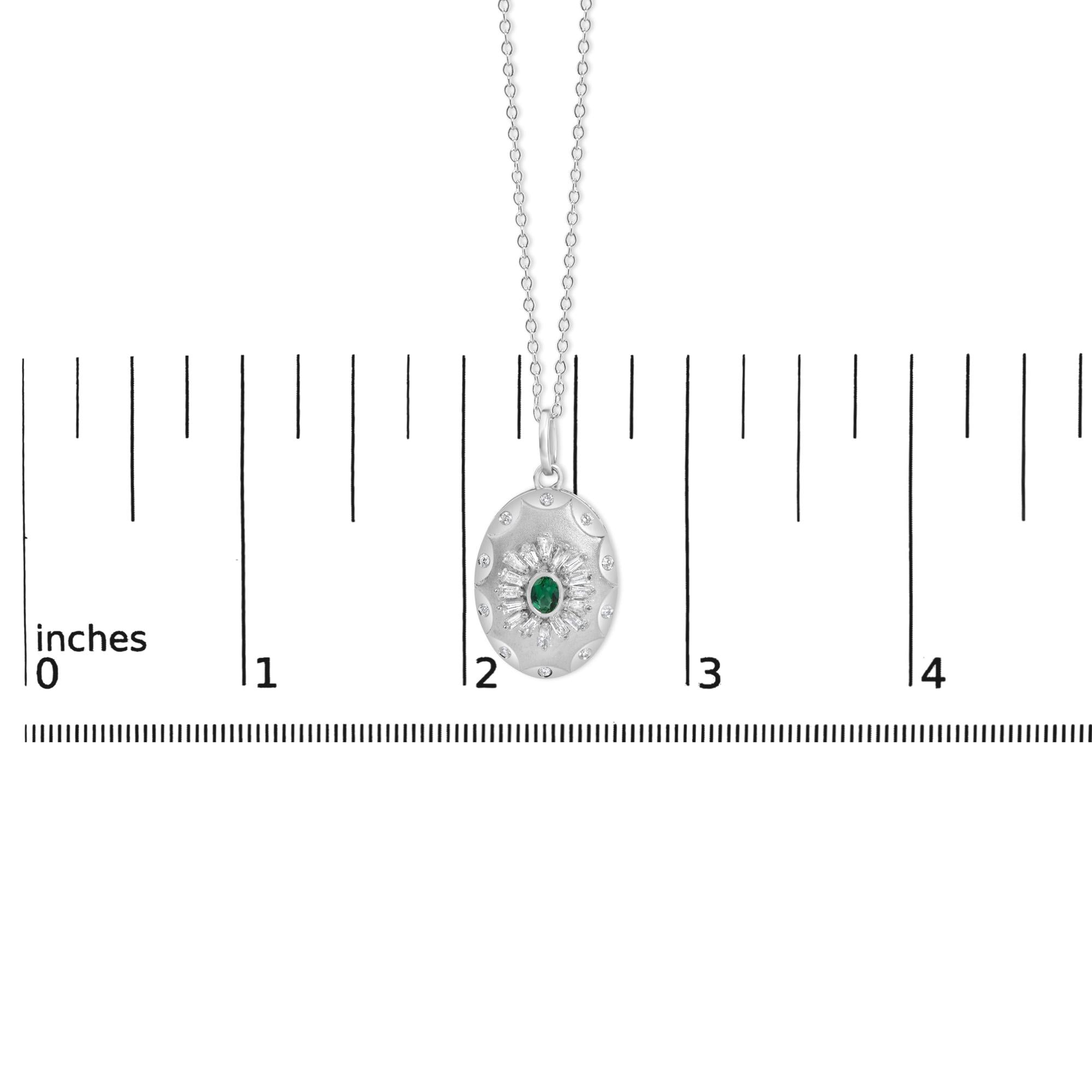 Sterling Silver Created Emerald and 1/2 Cttw Diamond Sunburst Medallion Pendant Necklace