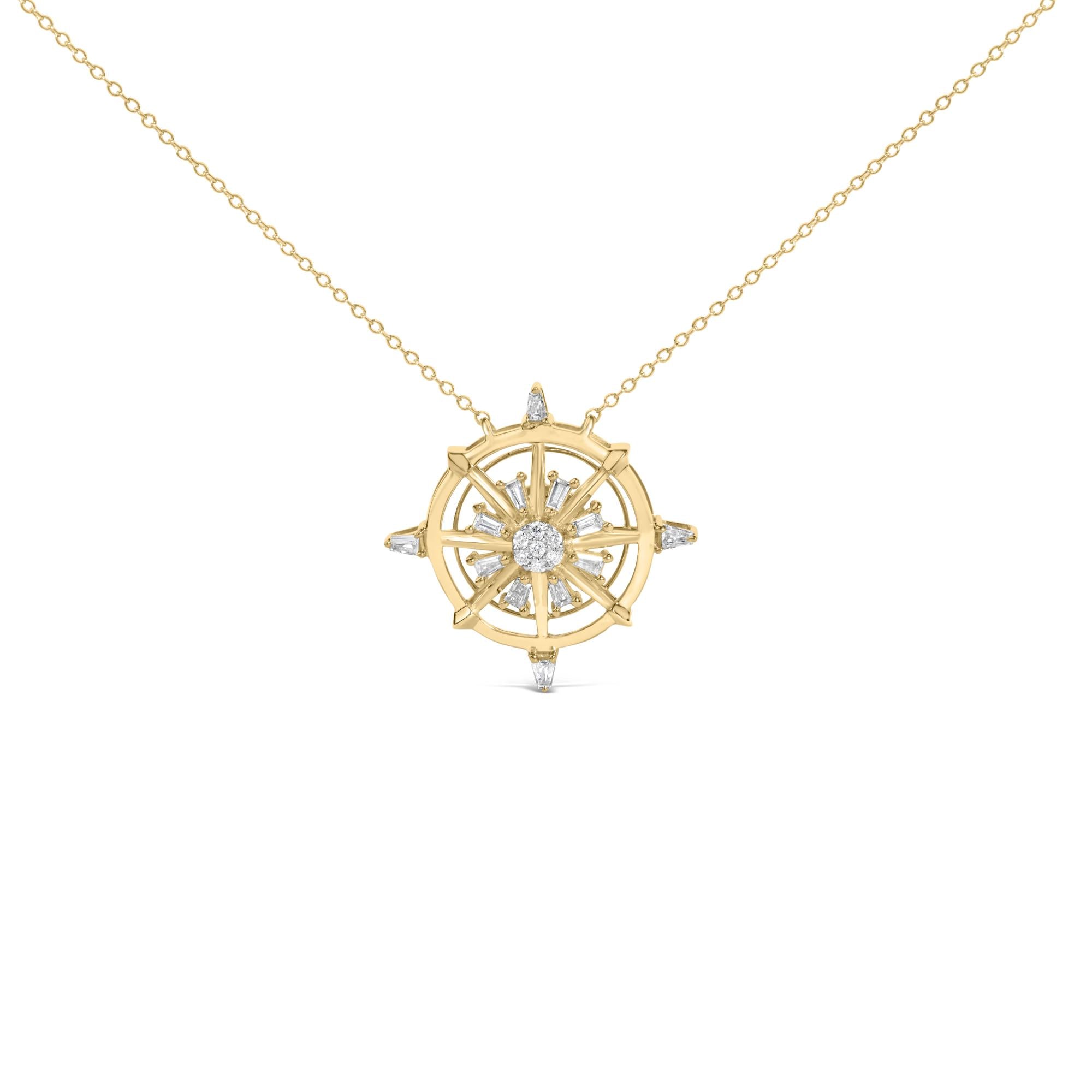 14K Yellow Gold Plated Sterling Silver 1/3 Cttw Diamond Compass Pendant Necklace