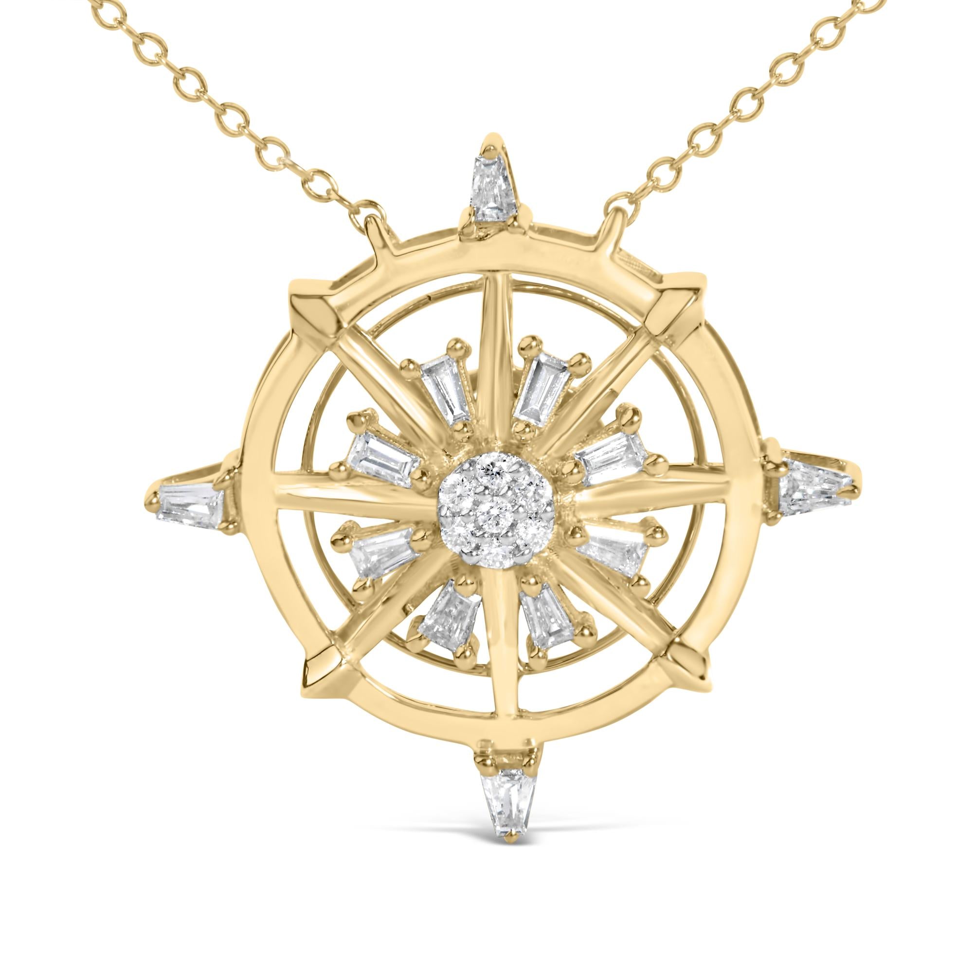 14K Yellow Gold Plated Sterling Silver 1/3 Cttw Diamond Compass Pendant Necklace