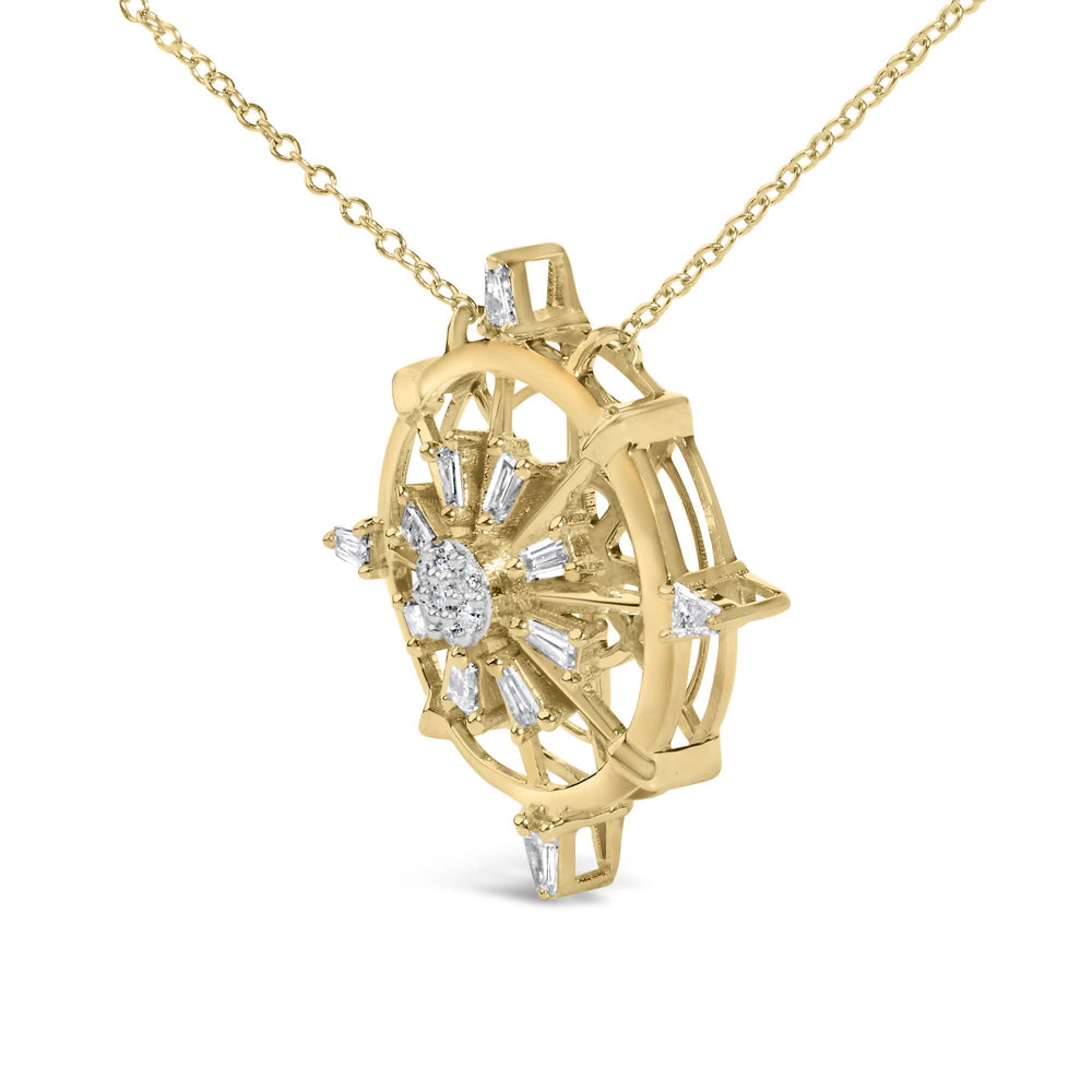 14K Yellow Gold Plated Sterling Silver 1/3 Cttw Diamond Compass Pendant Necklace