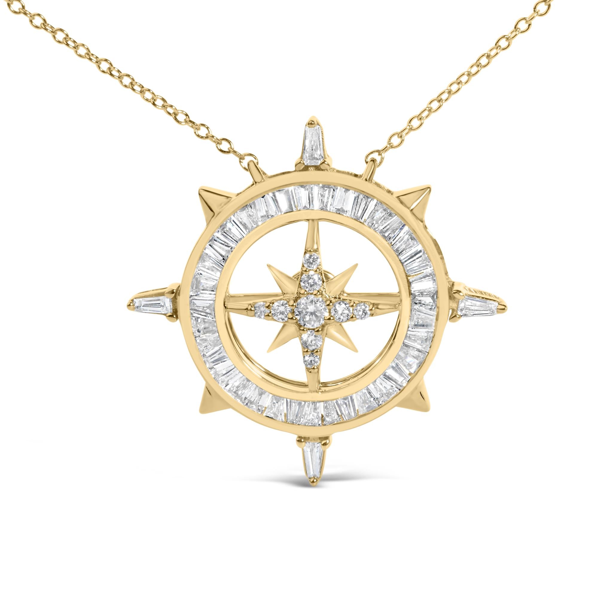 14K Yellow Gold Plated Sterling Silver 1.0 Cttw Diamond Compass Pendant Necklace