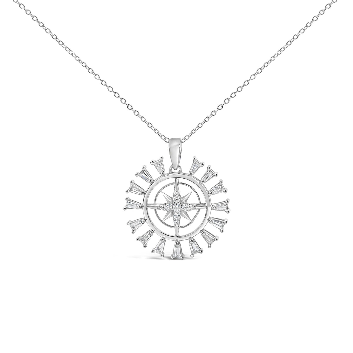 Sterling Silver 1/2 Cttw Diamond Starburst Compass Medallion Pendant Necklace