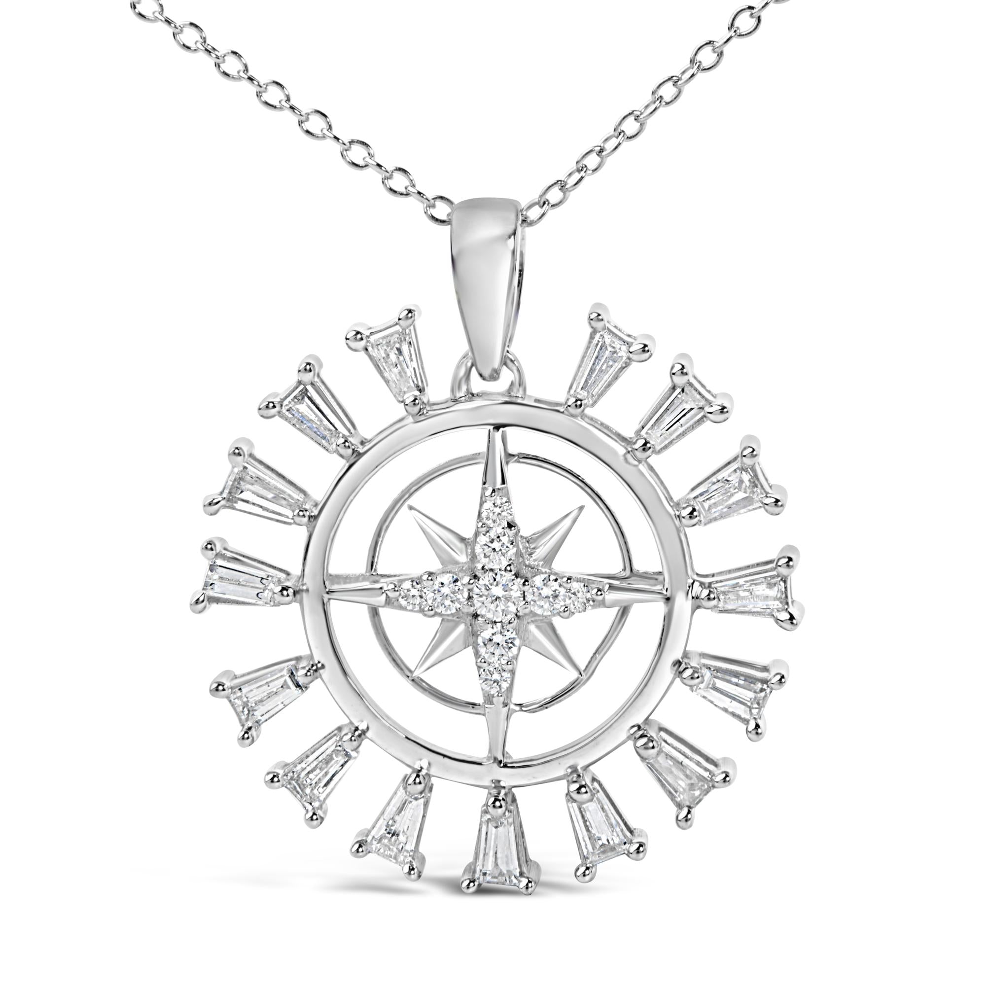 Sterling Silver 1/2 Cttw Diamond Starburst Compass Medallion Pendant Necklace