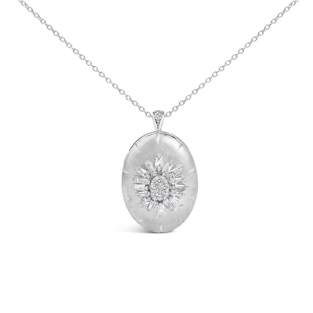 Sterling Silver 3/8 Cttw Diamond Puffed Oval Medallion Pendant Necklace