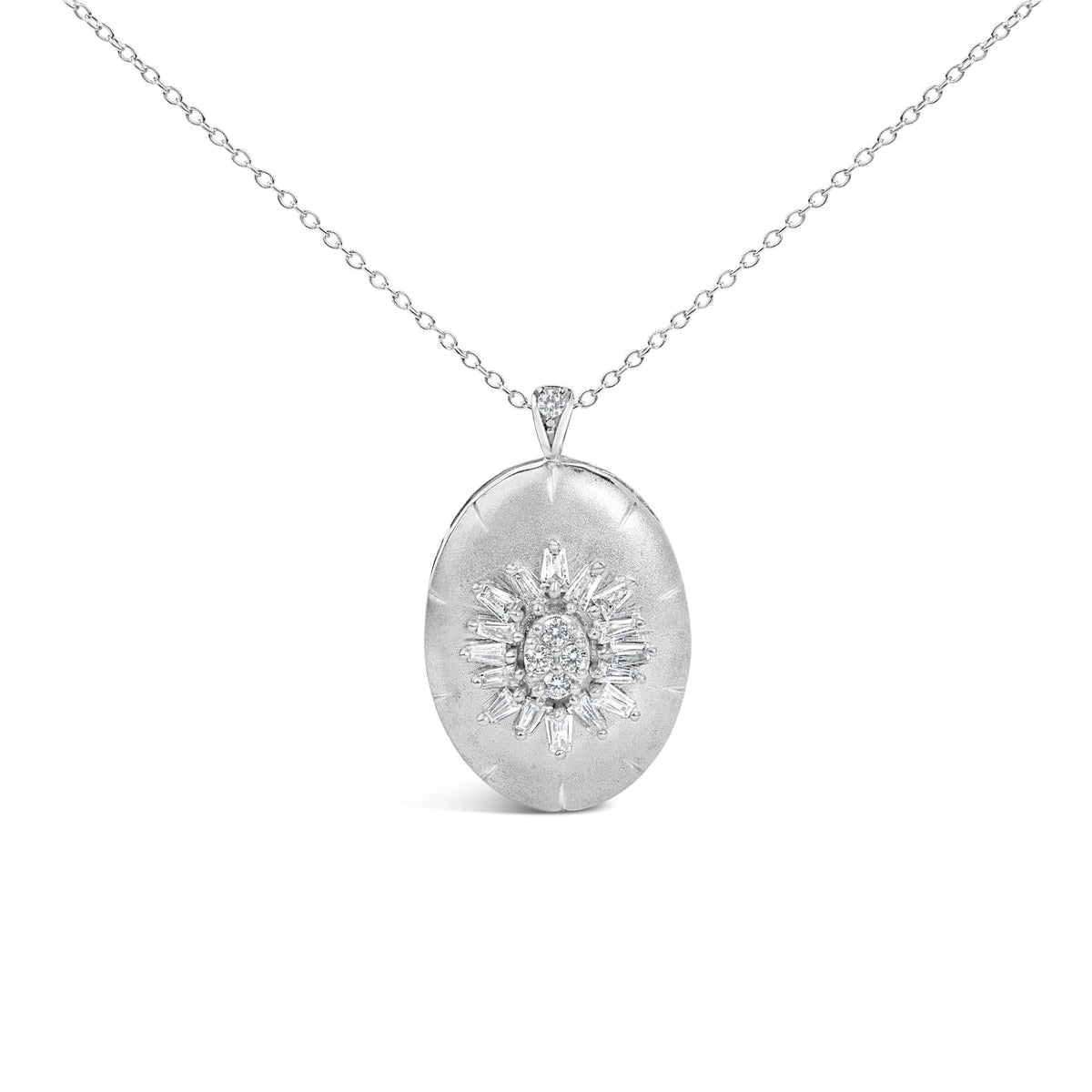Sterling Silver 3/8 Cttw Diamond Puffed Oval Medallion Pendant Necklace