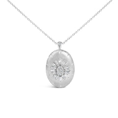 Sterling Silver 3/8 Cttw Diamond Puffed Oval Medallion Pendant Necklace