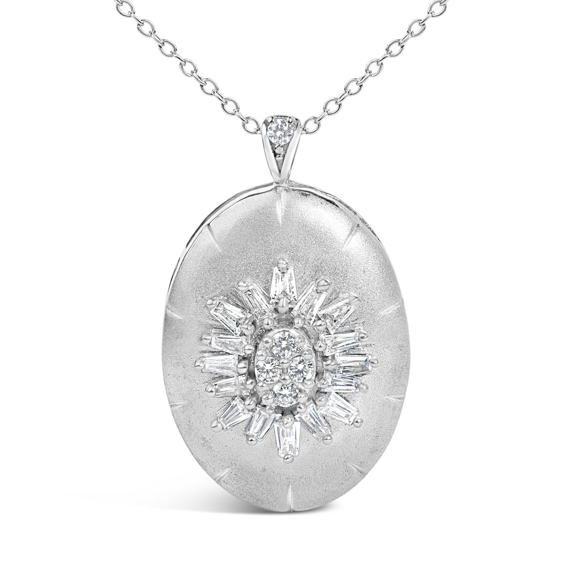 Sterling Silver 3/8 Cttw Diamond Puffed Oval Medallion Pendant Necklace