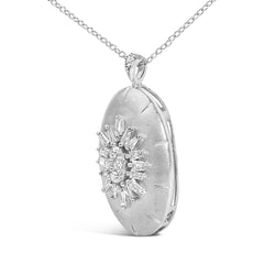 Sterling Silver 3/8 Cttw Diamond Puffed Oval Medallion Pendant Necklace