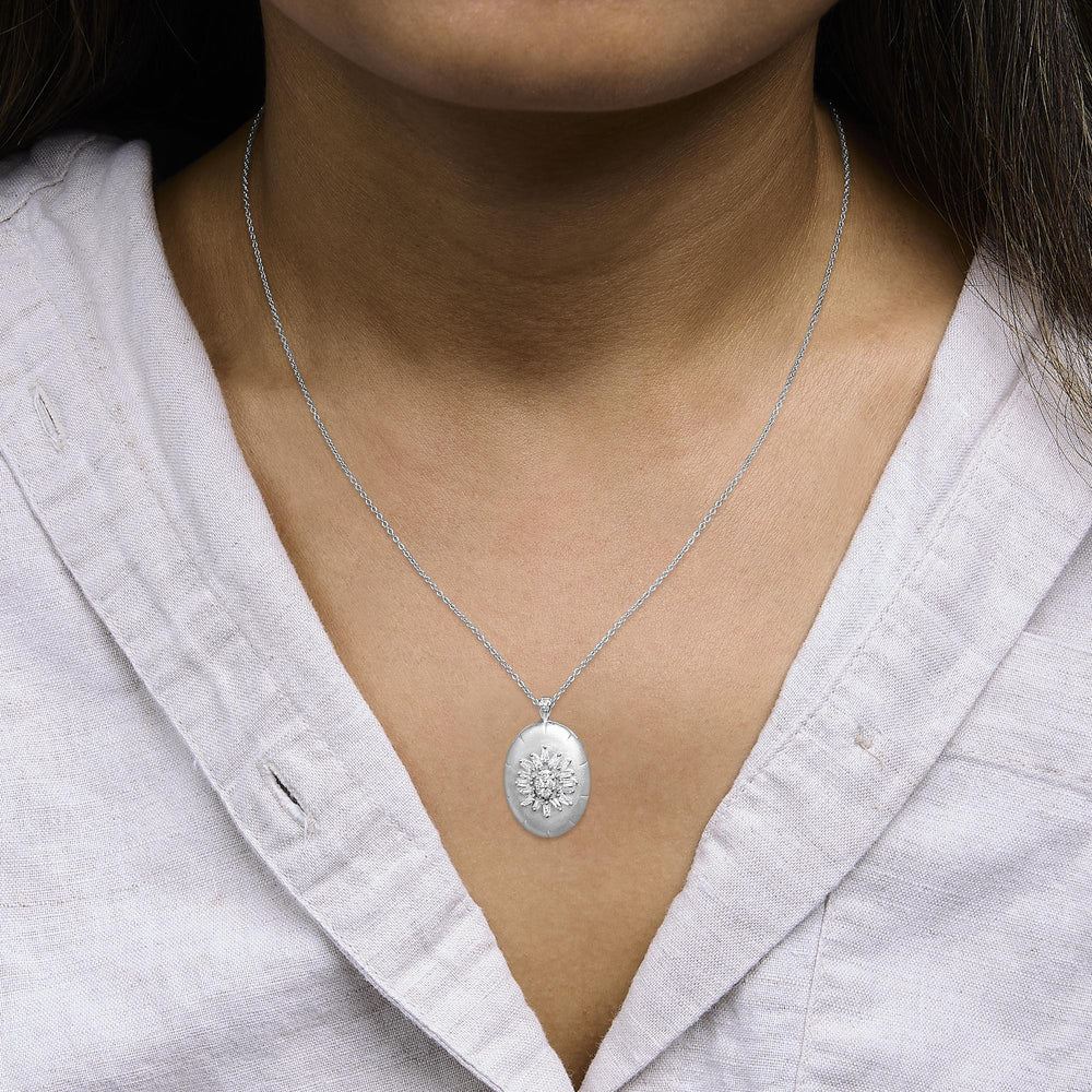 Sterling Silver 3/8 Cttw Diamond Puffed Oval Medallion Pendant Necklace