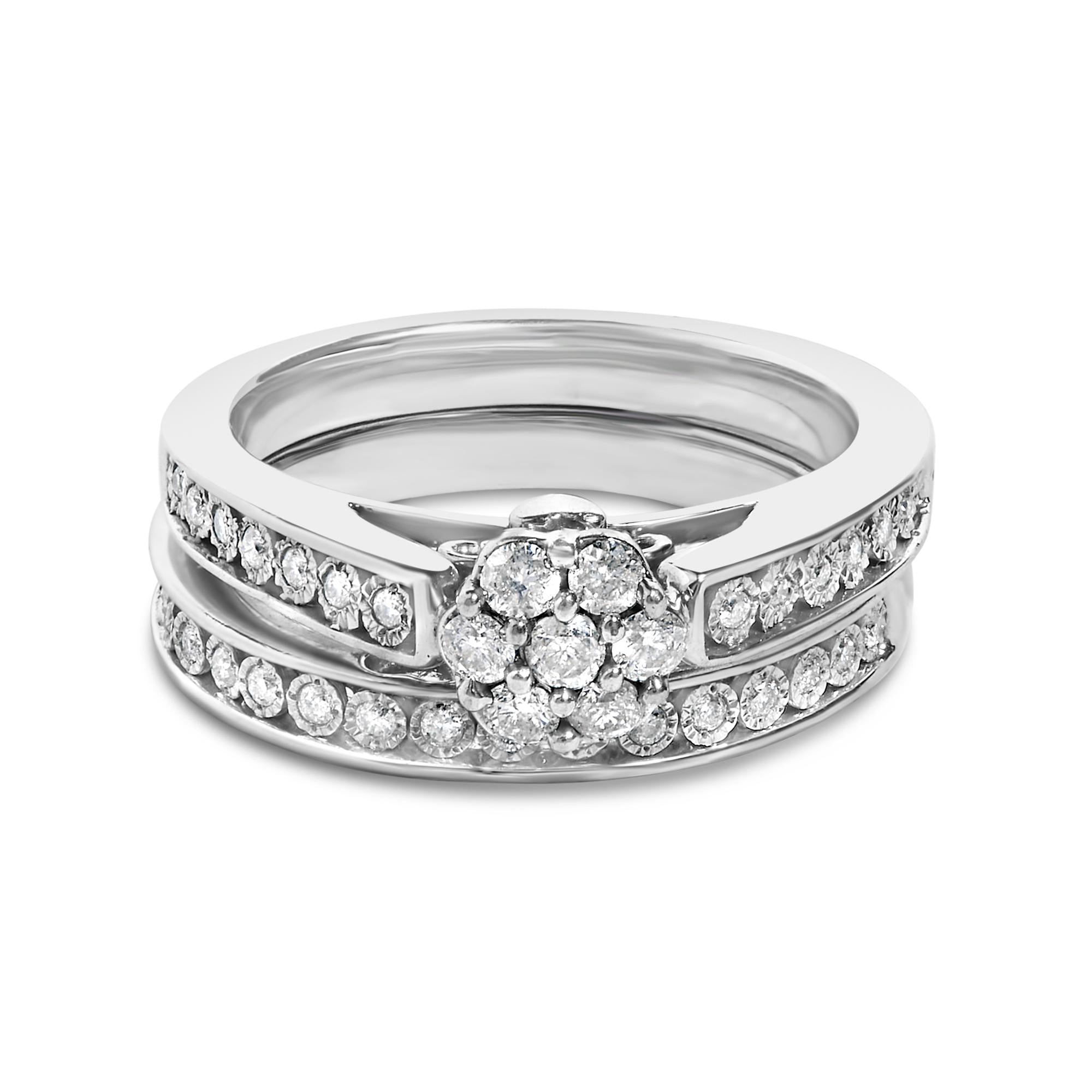 Sterling Silver 1/2 Cttw Diamond Cluster Flower Bridal Set