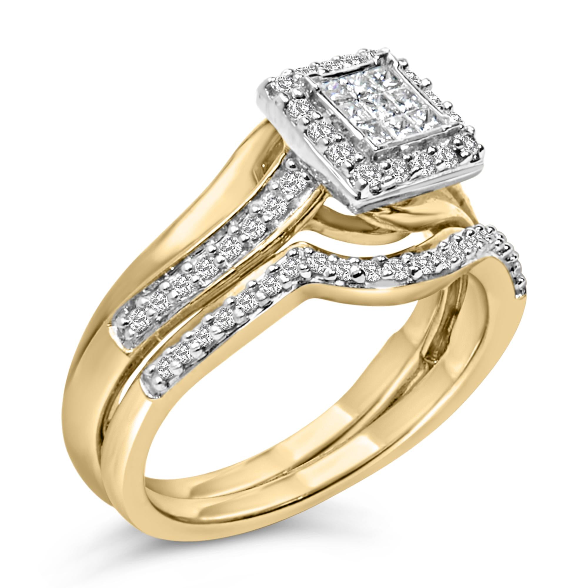 14K Yellow Gold Plated Sterling Silver 1/2 Cttw Princess Square Diamond Bridal Set