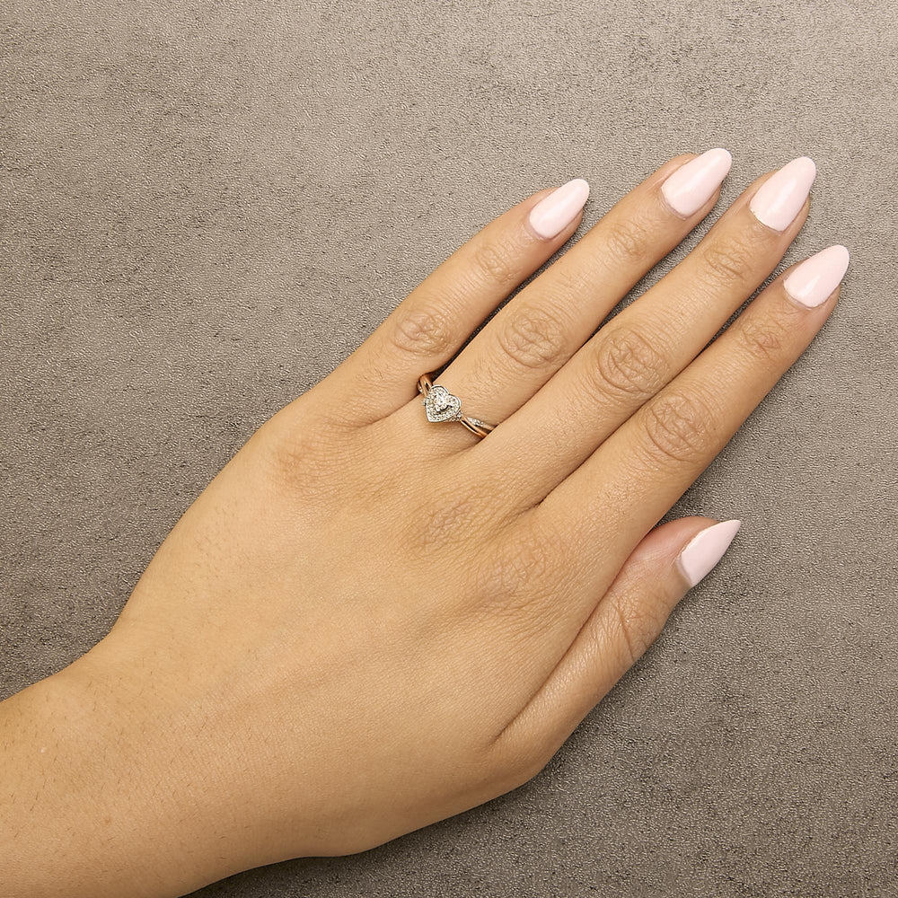 14K Rose Gold Plated Sterling Silver 1/10 Cttw Diamond Heart Motif Ring
